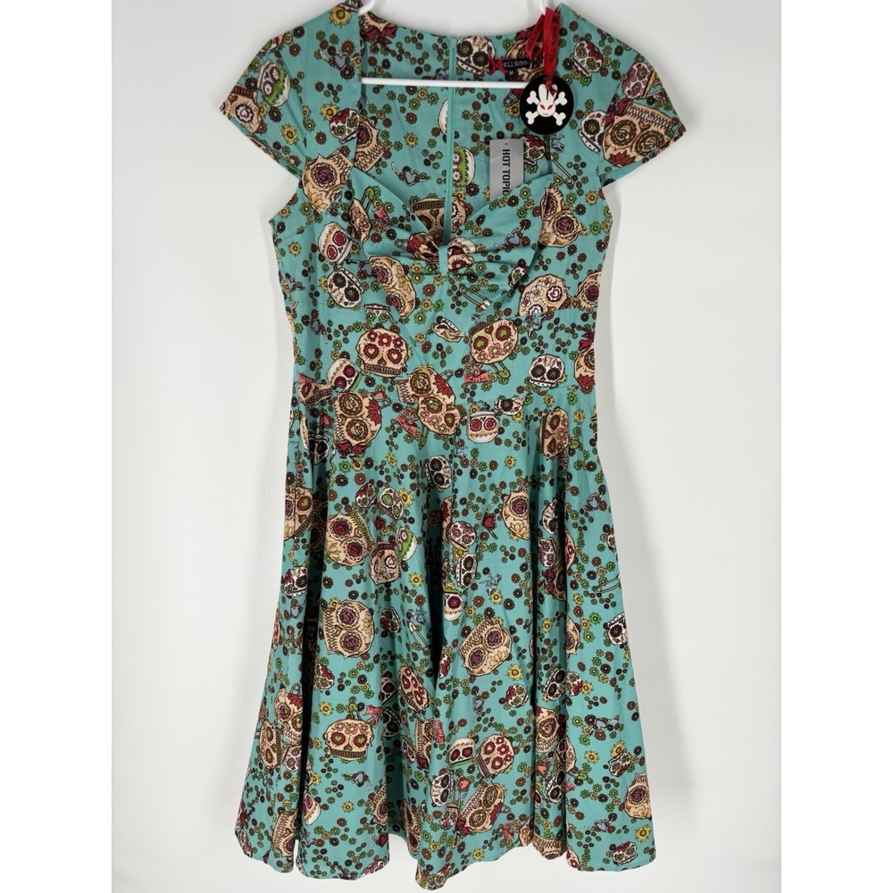 HELL BUNNY Sasha Day of The Dead Flower Sugar Skull Flare Dress Sz M Rockabilly